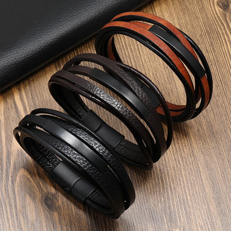 

Новинка 2022, модный кожаный браслет для мужчин, классический Многослойный кожаный браслет с магнитной пряжкой Для Мужчин, Ювелирные изделия ...