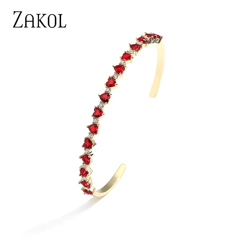 

ZAKOL Brand New Fashion Red Heart Shape Cubic Zircon Cuff Bangles Bracelet with Gold Color for Women Girls Party Jewelry Gift