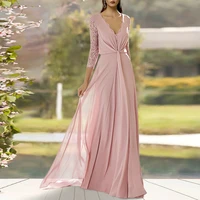 latest pink mother of the bride dresses chiffon lace appliques pleat long sleeve a line floor length party wedding guest dress