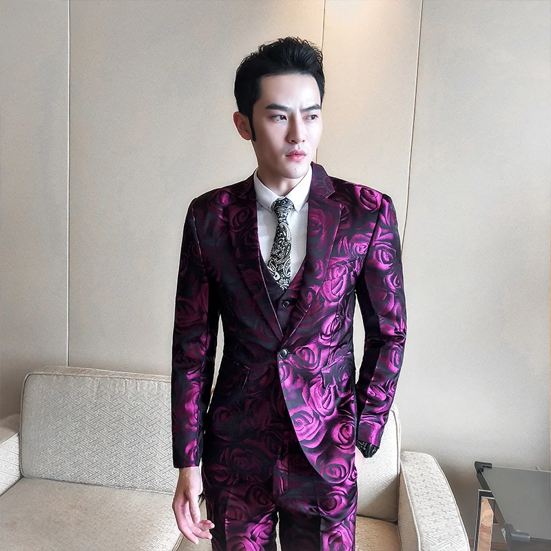 

Rose ) (Jacket +vest+pant Pink Smoking Uomo Grooms Suit Men Business Tuxedos Slim Fit Club Party Prom Suit Abito Uomo Cerimonia