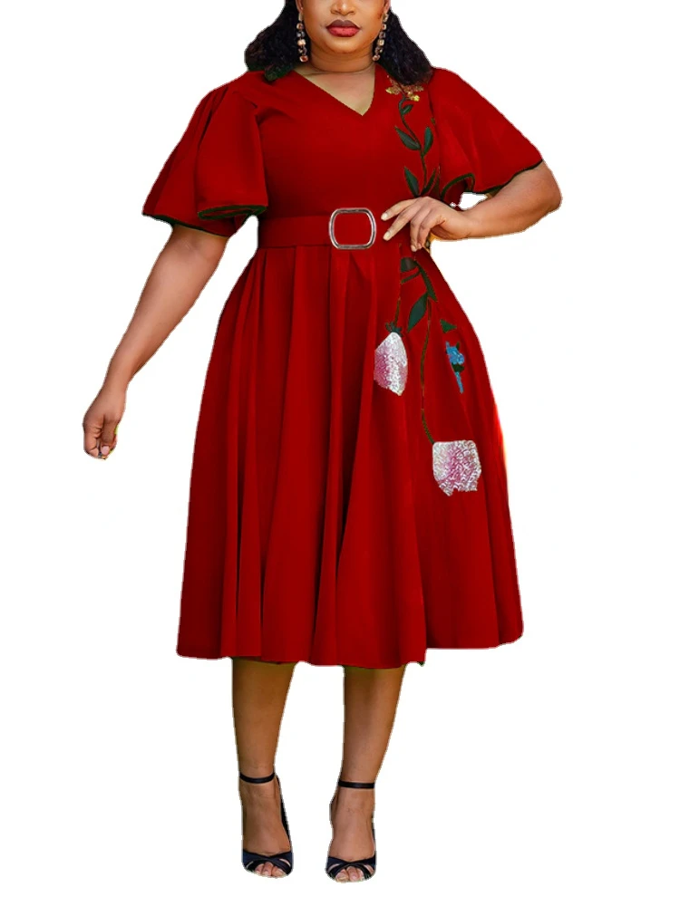 

Vintage A Line Dresses for Women V Neck Embroidery Sequins Velvet Skater Dress with Belt Elegant Female Occasion Party Vestidos