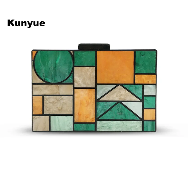 

New Wallet Lady Acrylic Evening Bags Elegant Colors Contrast Patchwork Hardbox Stylish Party Prom Geometric Vintage Clutch Purse