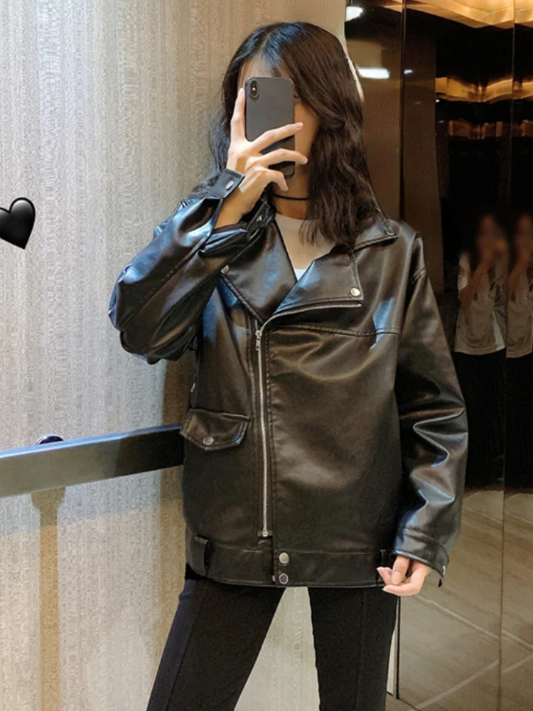 Black Korean Faux Leather Jacket Women Winter Loose Asymmetric Zip Leather Jackets Ladies 2022 Autumn Fashion Outerwear Chic Top