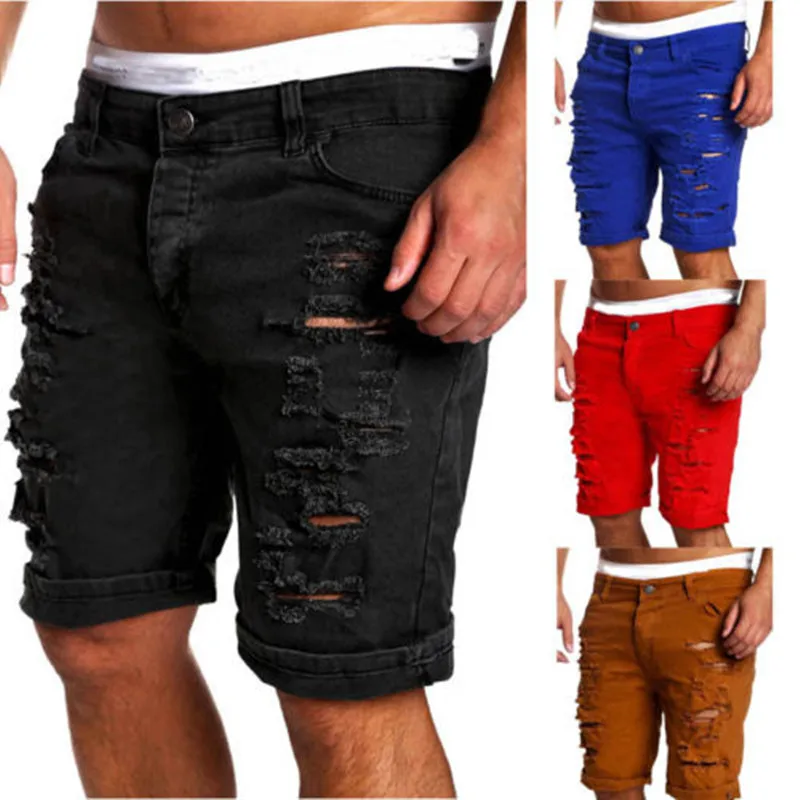 

Модные джинсовые шорты с потертостями для мальчиков, узкие модельные шорты, мужские джинсовые шорты, мужские рваные джинсы