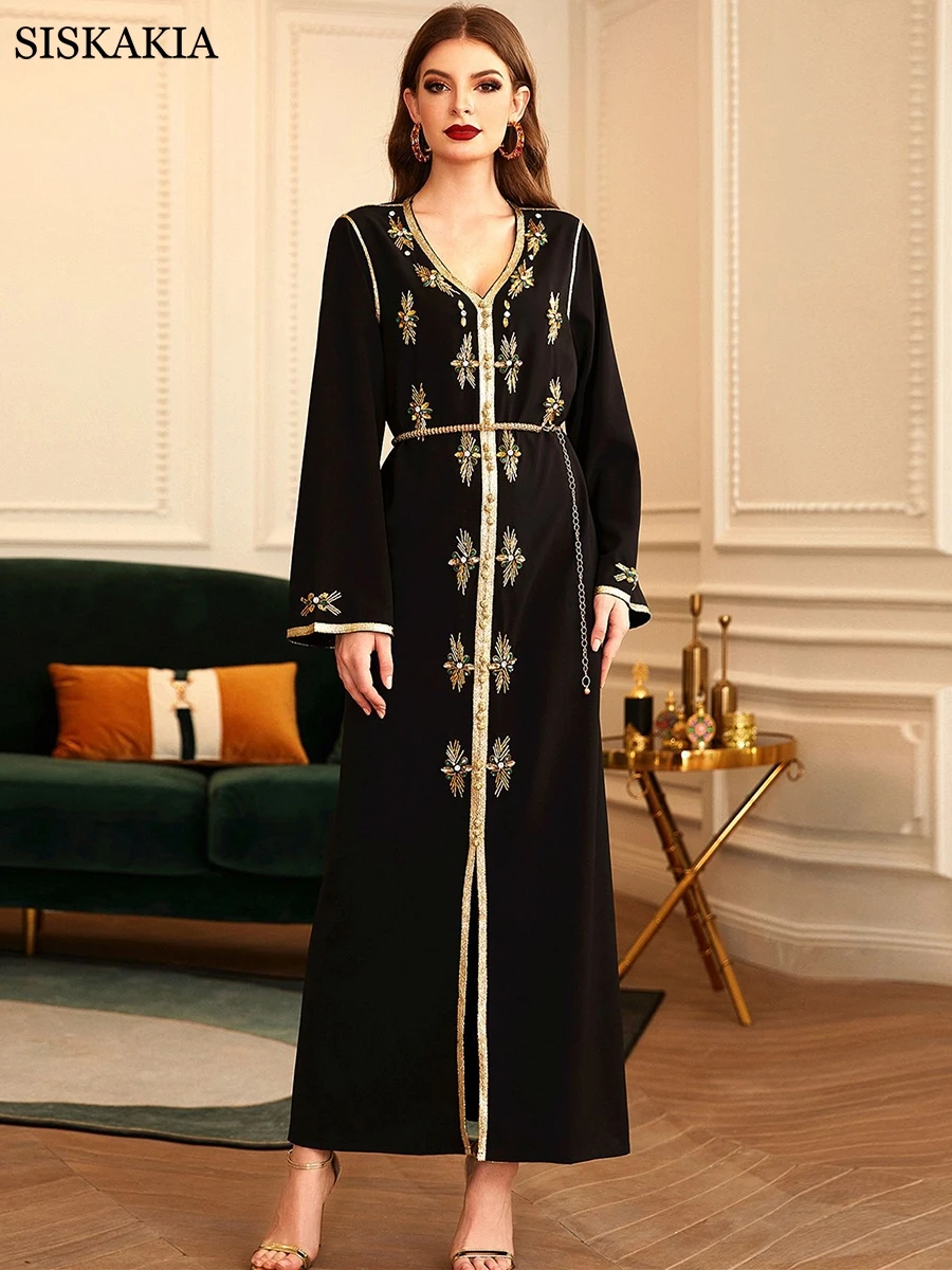 

Siskakia Middle Eastern Party Festive Abaya Dress for Women Luxury Arabic Oman Dubai Turkey Moroccan Caftan Diamond Robe 2021