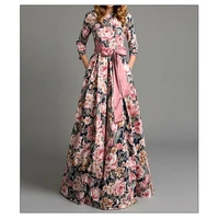 elegant vintage women maxi dress bohemian floral retro bow knot belted 34 sleeve high waist o neck long
