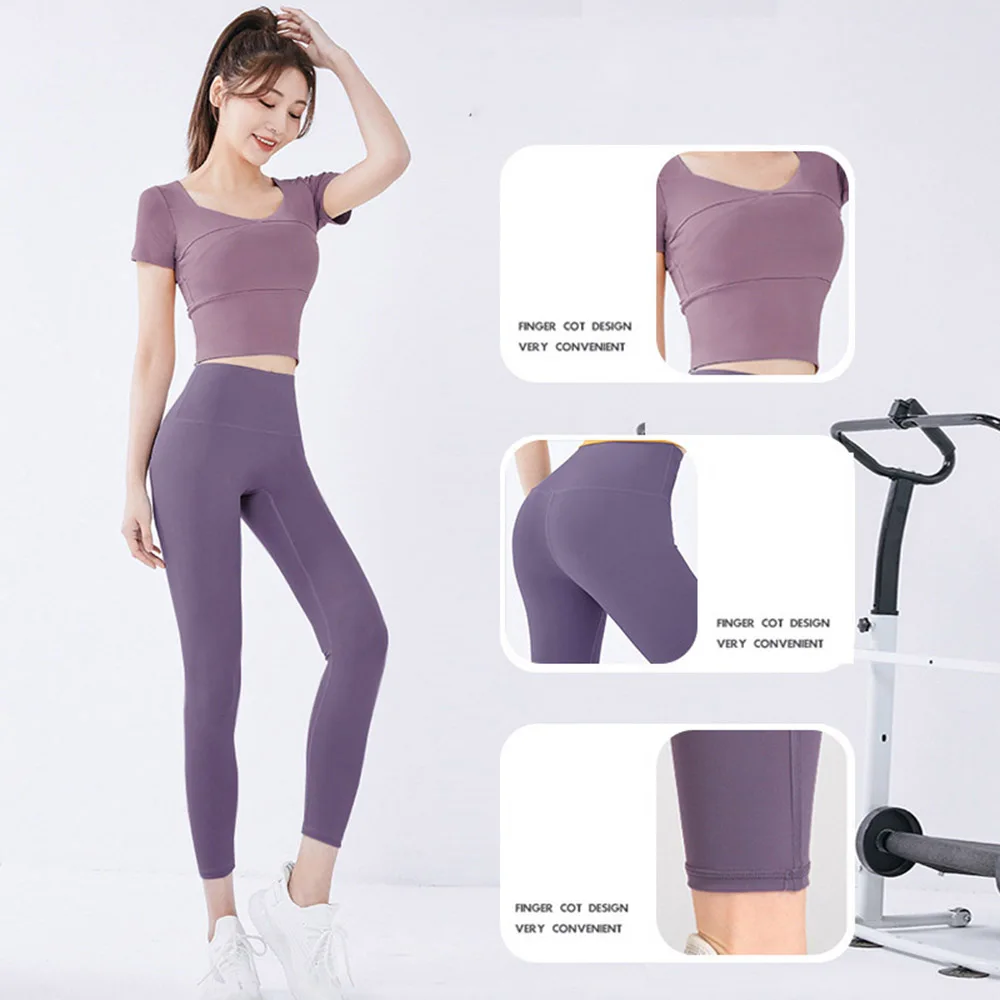 

Women's Yoga Quick-Drying Running Clothes Sports Top Short Navel-Exposed Tights Nude Feel Fitness Short Sleeve with Chest Pad