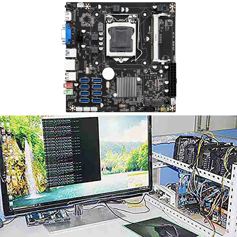 B75E 8 Card BTC Mining Motherboard With Random CPU B75 Chip LGA1155 DDR3 RAM MSATA ETH Miner Supports 8 USB3.0 Ports