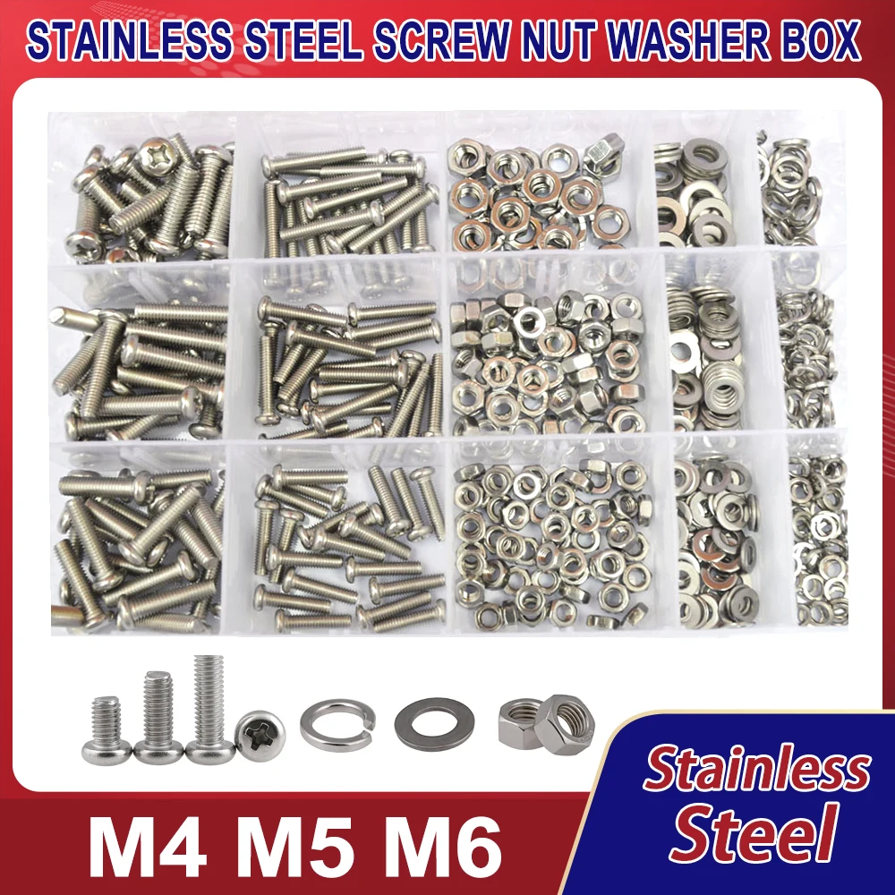 

M4 M5 M6 304 Stainless Steel Cross Round Head Bolt Nut Washer Set Machine Screw Metric Thread Lock Flat Washer Assortment Kit