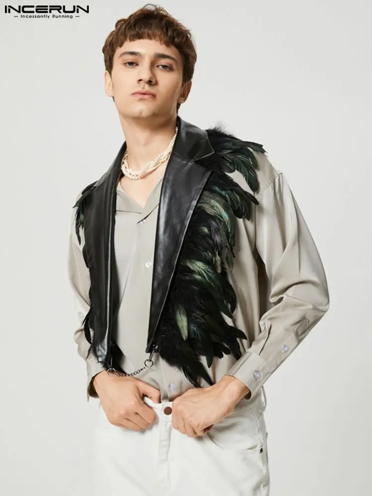 INCERUN Men Vests Feather PU Leather Patchwork Fashion Backless Irregular Waistcoats Men Streetwear 2023 Lapel Sleeveless Vests