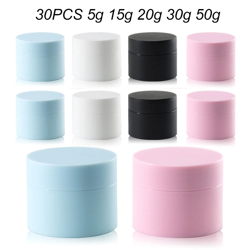 

30Pcs Travel Cosmetic Jars With Lids Skincare Lip Balm Refillable Bottles Face Cream Container Box Packaging 5/15/20/30/50g