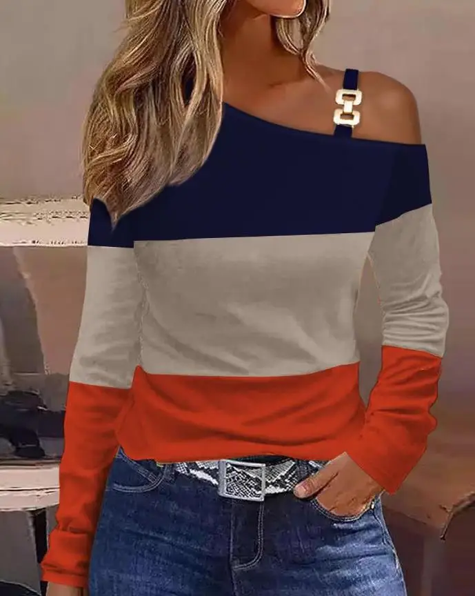 

Tops Women 2022 Trendy Fashion Colorblock Cold Shoulder Long Sleeve Top Casual Skinny Tee Autumn Pullover All-Match