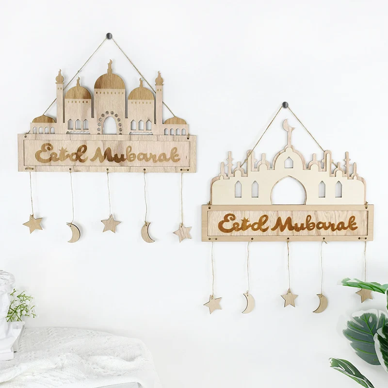 

Eid Mubarak Wooden Hanging Ornament Ramadan Kareem Star Moon Pendant Wall Hanging Sign for Islamic Muslim Home Party Decoration