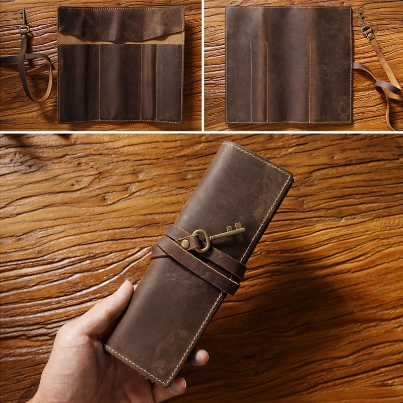 

Handmade Leather Pen Organizer Holder With Tied Up Wrap Rope Pencil Case Nature Cowhide School Office Stationery Pencilcase