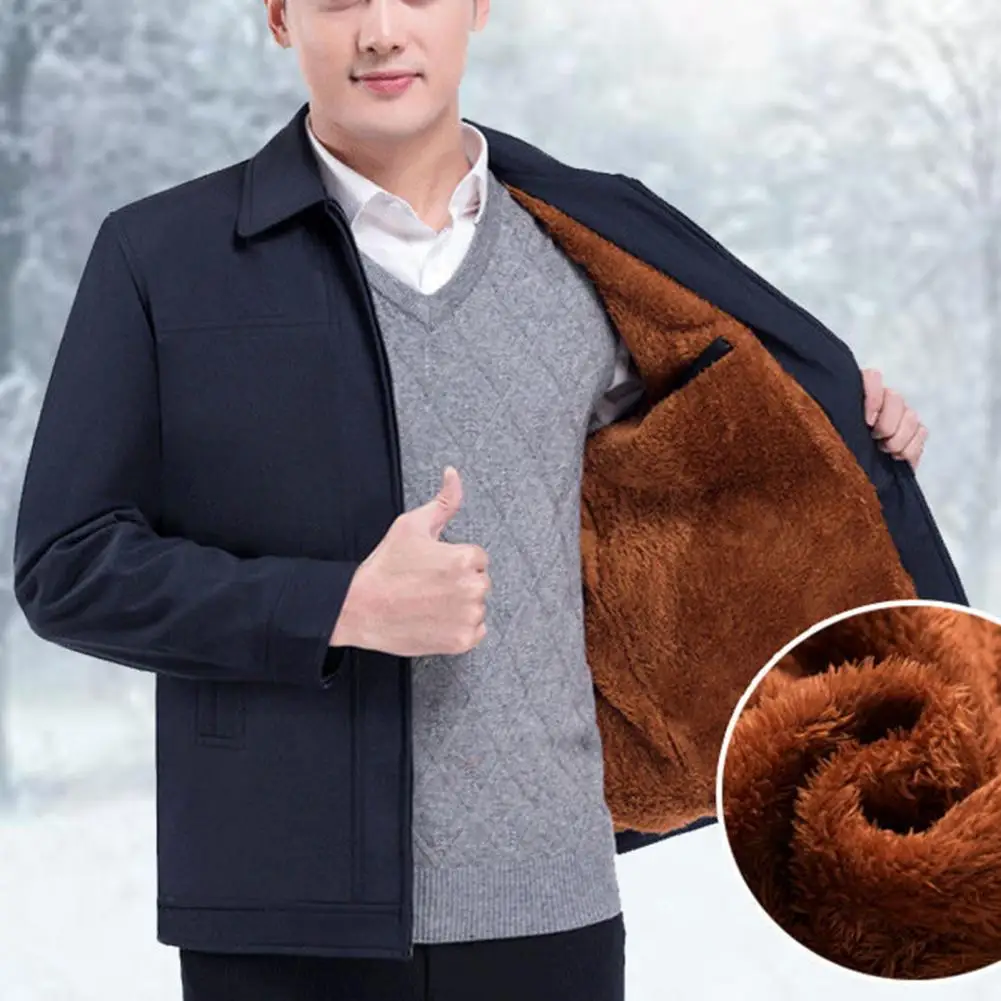

Men Winter Jacket Stylish Men's Lapel Jacket Thick Fleece Zipper Closure Casual Mid Length for Fall Spring Men Coat