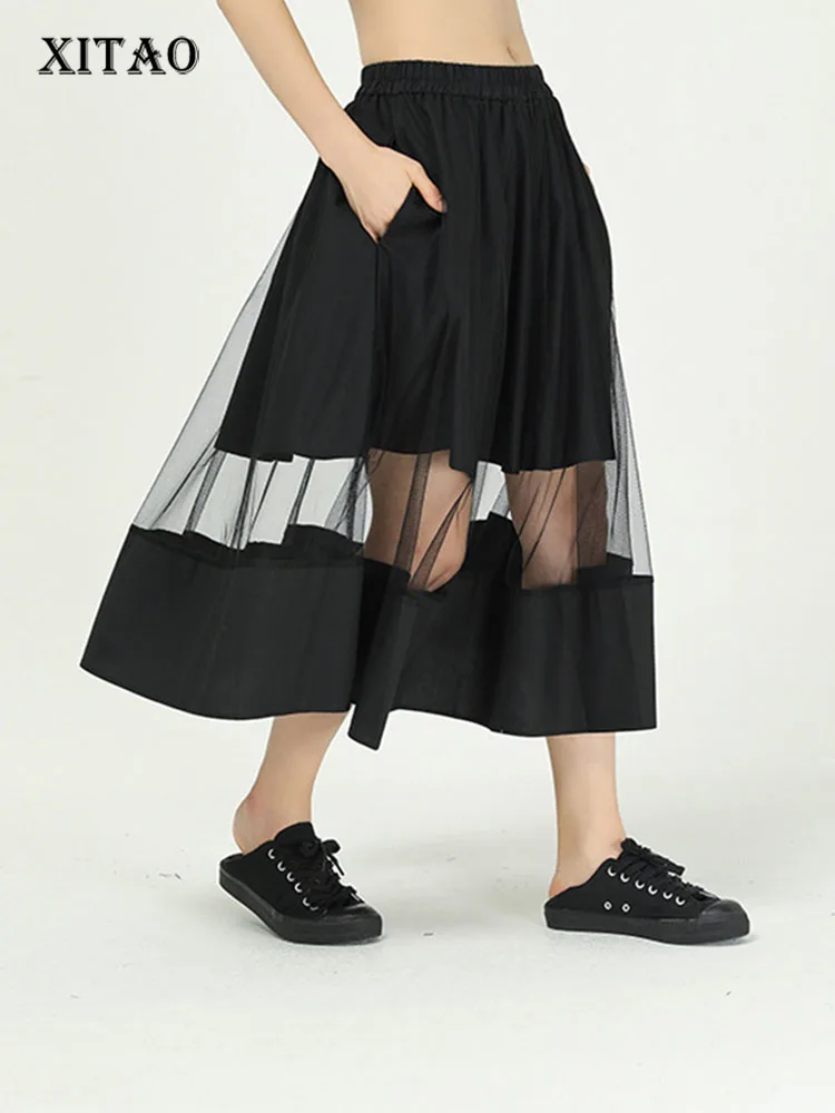 

XITAO Streetwear Punk Mesh Splicing Skirts Womens Personality Perspective Skirt Elastic Waist Women Clothes XJ3822