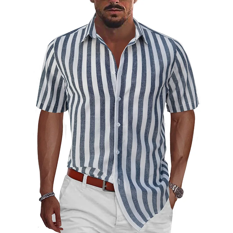 

Men's America Hawaii Beach Holiday Shirt Summer Fashion Short Sleeve Classical Stripe Blouse Loose Casual Simple Basic Tops Male