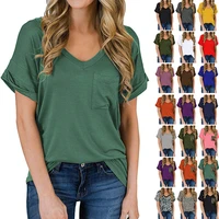 summer loose v neck short sleeve womens t shirts simple style solid color pockets tees new fashion casual ladies tops wholesale