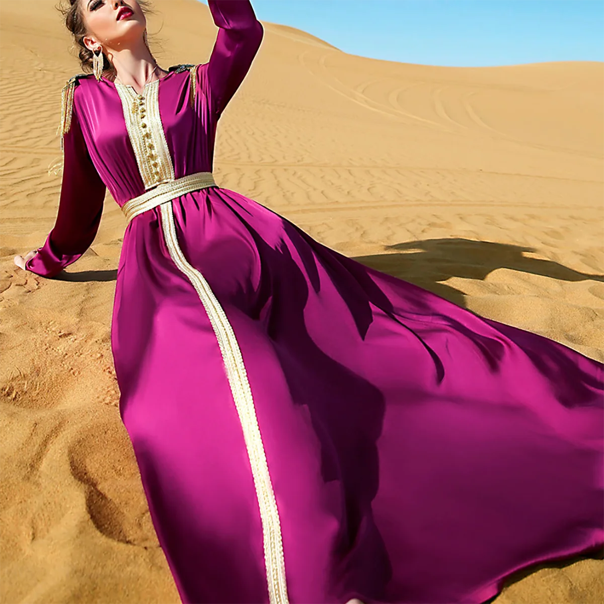 Women Epaulettes Long Kaftan Dress Court Style Embroidery Party Long Abaya