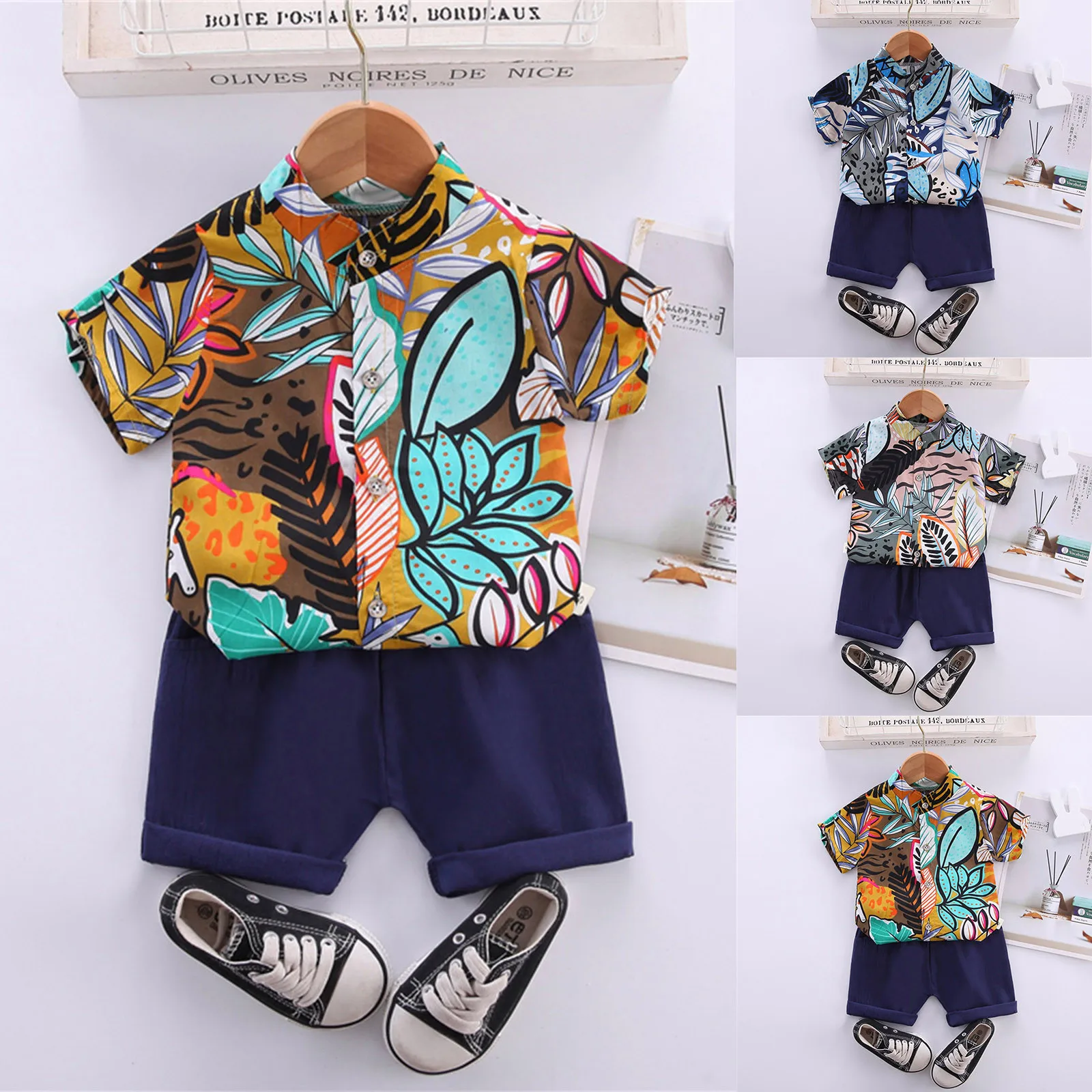 

6M-3Y Toddler Boy Clothes 2023 Summer Beach Leaves Printed Lapel Shirt Sets Short Sleeve Shirts+Shorts Gentleman Outfits Set