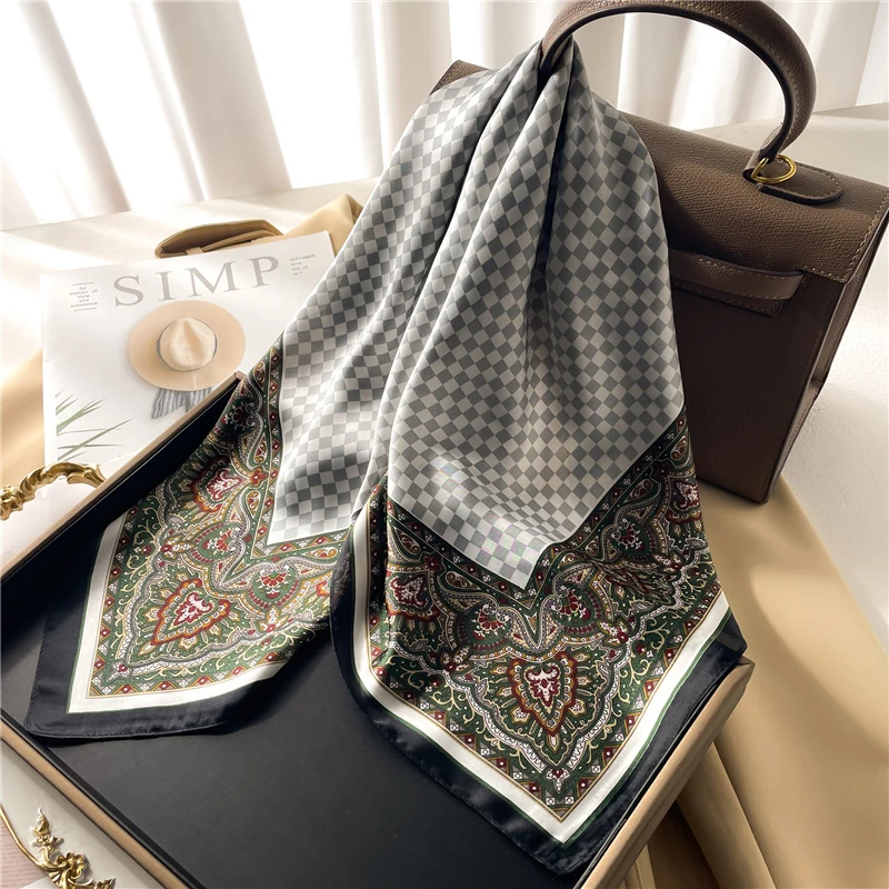 

Клетчатый Шелковый Атласный шейный платок для женщин, шаль, шарф, элегантный 70 см галстук с принтом головы, хиджаб, бандана, платок на запястье, эшарп