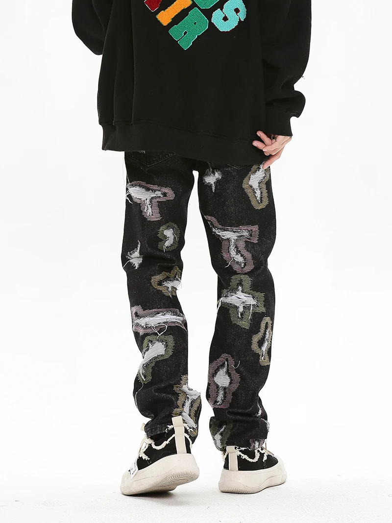 Harajuku Destroy Ripped Holes Denim Jeans Mens Zipper Jeans Hip Hop Fashion Streetwear New Casual Straight Joggers Jean Pants