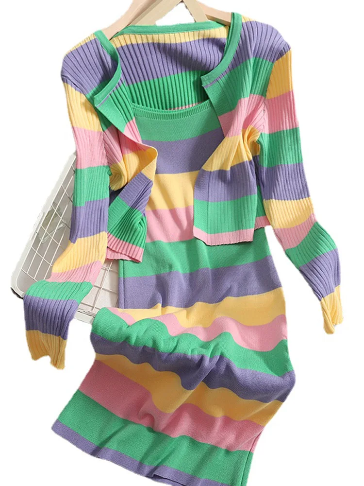 

Micosoni Preppy Style Age-Reducing Rainbow Striped Two-Piece Suit Skirt Short Knitted Cardigan Top + Inner Suspender Dress Sets