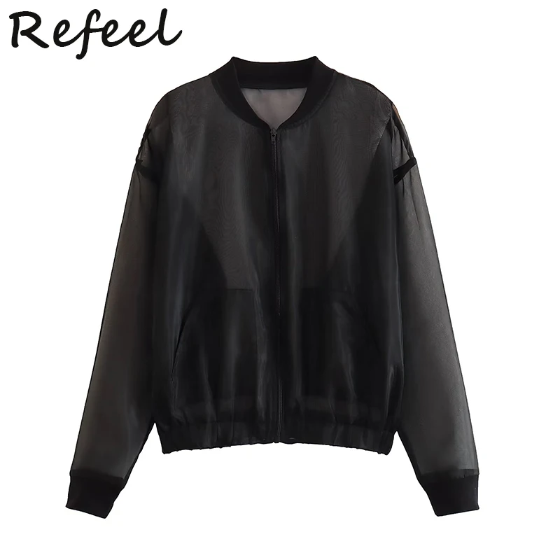 

Куртка-бомбер Refeel женская, модное однотонное тонкое прозрачное пальто на молнии, свободный шикарный прозрачный топ с круглым вырезом и длинными рукавами