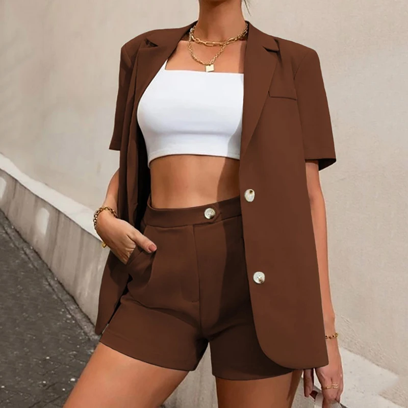 

2023 New Women's Shorts Suits Solid Button Design Blazer and Pockets Shorts Two Peice Set Fashion Office Ladies Shorts Sets
