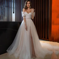 elegant champagne wedding dresses sexy split side bride dress dots tulle long sleeve off the shoulder lace up robe de soiree