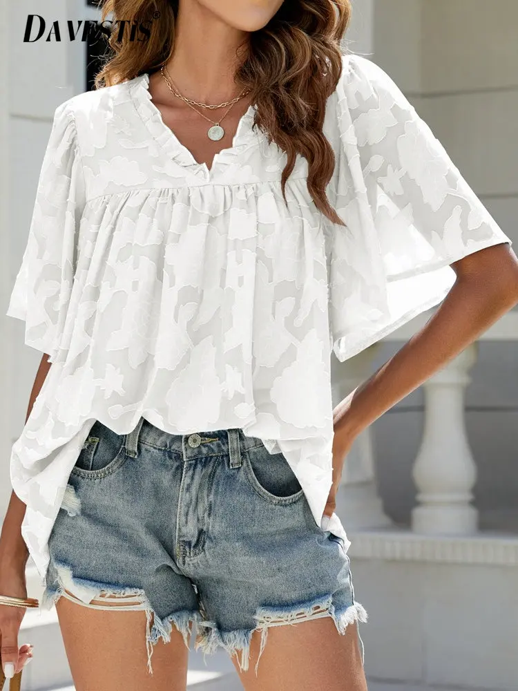 

Женская свободная дышащая футболка с V-образным вырезом и коротким рукавом, модный шифоновый жаккардовый топ с рукавами-фонариками, Женские...