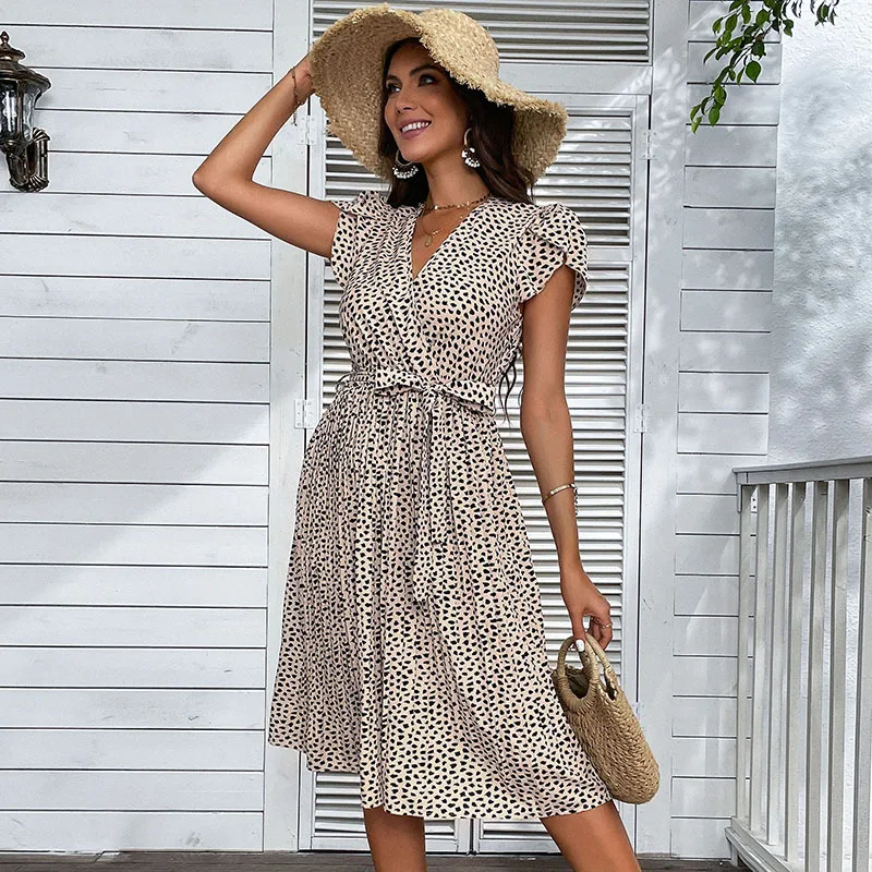 

New 2022 Summer Beach Skirt V-neck Leopard Sexy Print Dress Punk Rave Vestido De Mujer Strawberry Ropa Talla Grande