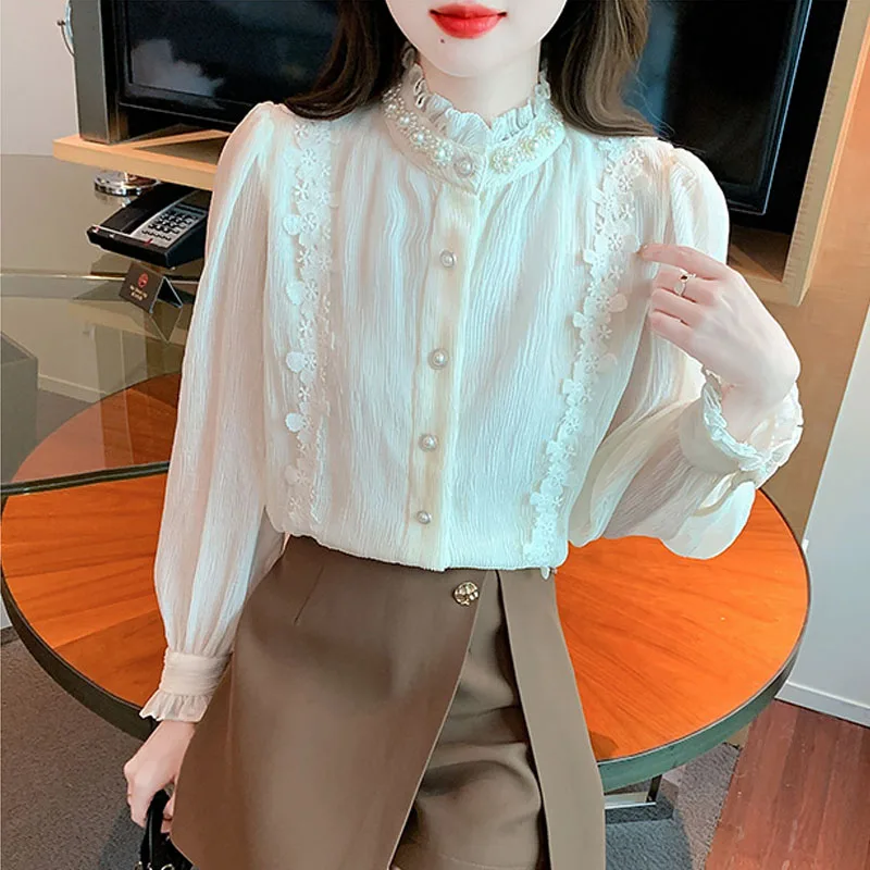 Осенняя модная женская рубашка с длинным рукавом и воротником-стойкой шифоновая