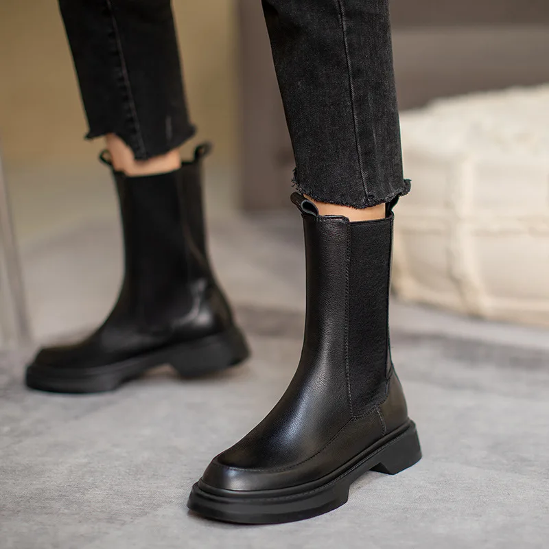 Chelsea Boots Women Natural Genuine Leather Flat Platform Mid Calf Boots Round Toe Ladies Shoes Autumn Winter Black 40