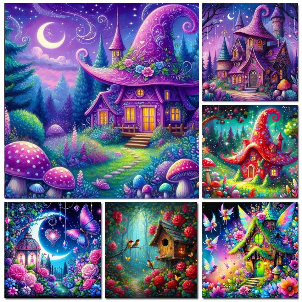 Фото 5D DIY Jewels Diamond Painting Mosaic Elf House Full Drills Diamond Embroidery Beautiful Mushroom Castle Landscape Pictures №1