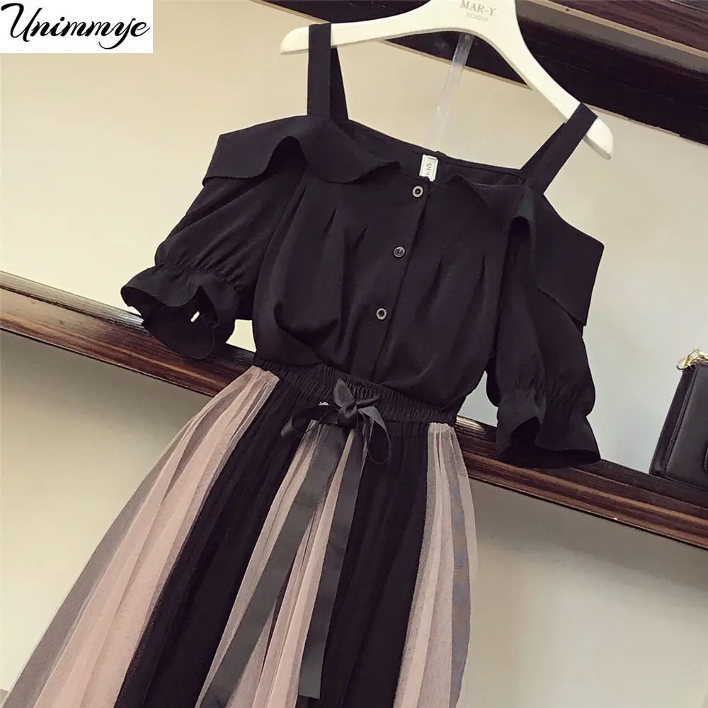  Women Off Shoulder Solid Shirts  +  Long Mesh Skirts Fashion Sets Summer Casual Ruffles Slash Neck Female Suits H83