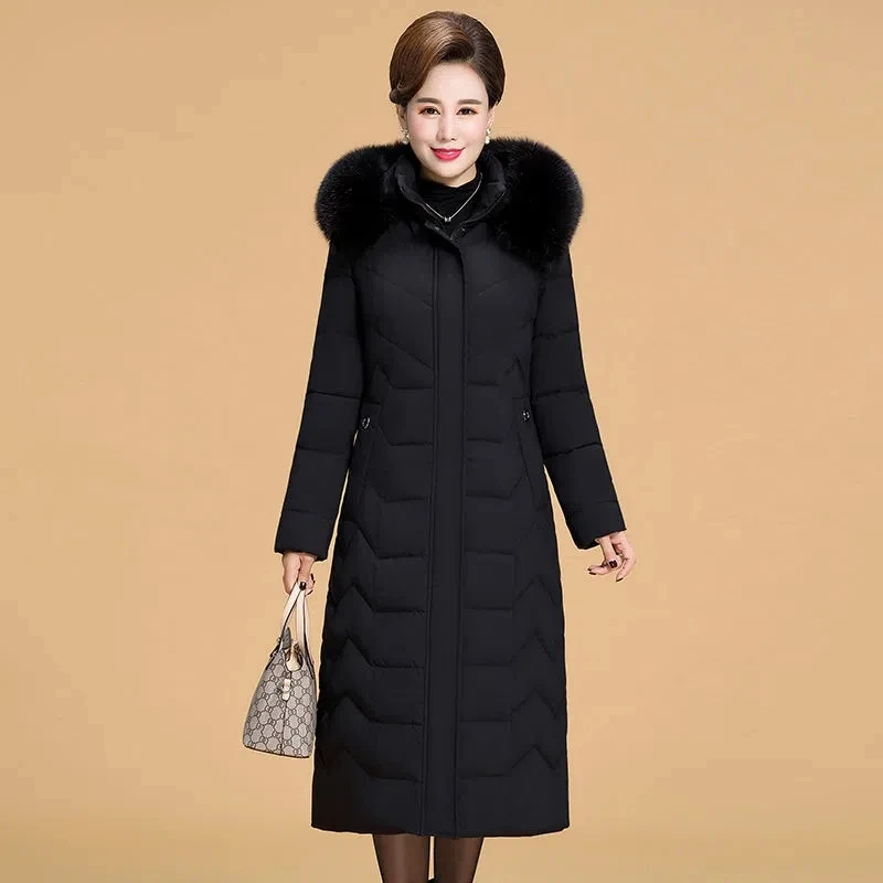Parkas Women Large Size Long Hooded Thick Down Cotton Jacket Female Fur Collar Warm Middle-aged Mothers Casual Padded Coat Trend
