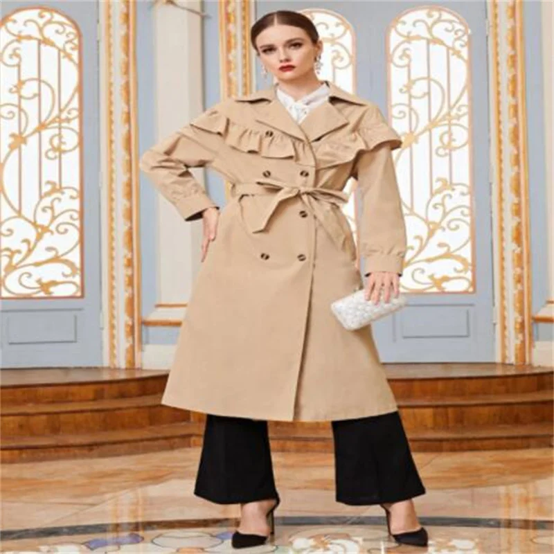 Spring women's long trench coat autumn new sweet stitching ruffled raglan sleeves double-breasted straight lace-up slim clothes