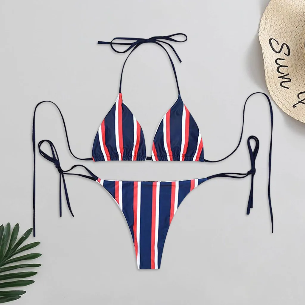Женский купальник-бикини в полоску новинка 2022 винтажный с низкой талией и лямкой