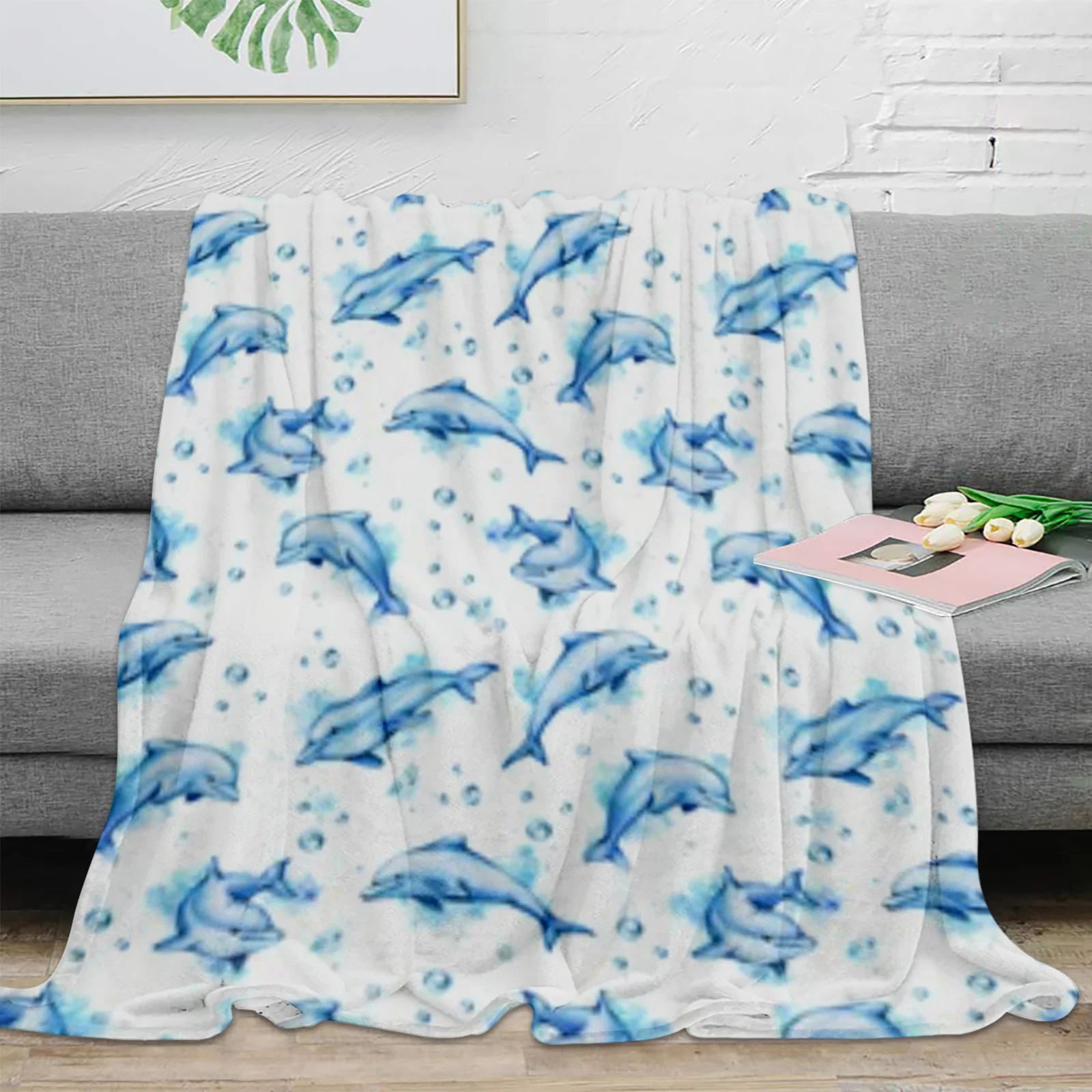 

Watercolor Pattern With Dolphins Throw Blanket For Sofa Bed Bedroom Bedspread Soft Flannel Throw Blanket For Kids Gifts