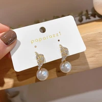 women full diamond leaf pearl dangle earrings simple temperament ear jewelry