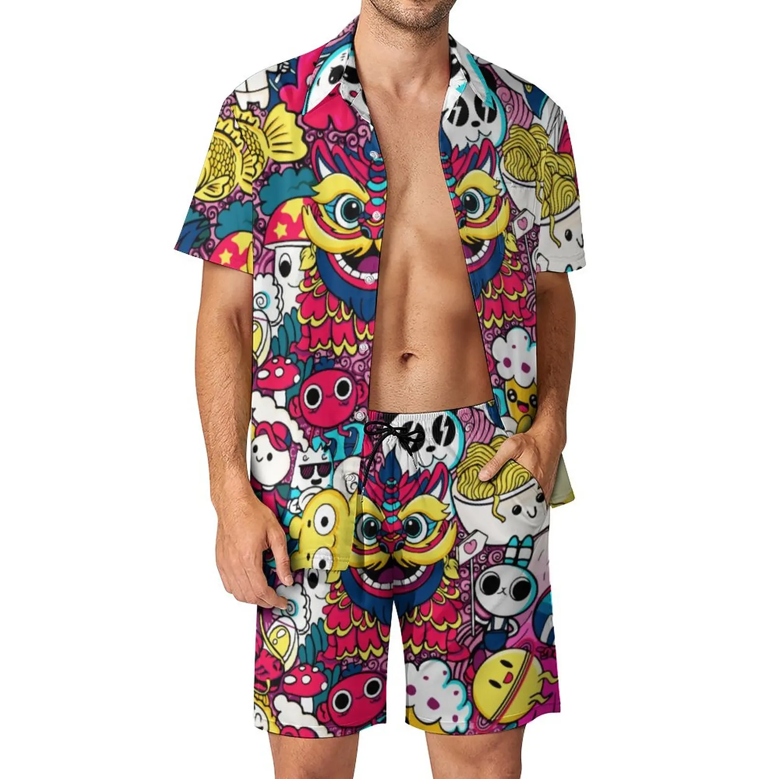 

Japanese Anime Men Sets Doodle Art Print Retro Casual Shirt Set Short-Sleeved Custom Shorts Summer Vacation Suit Plus Size