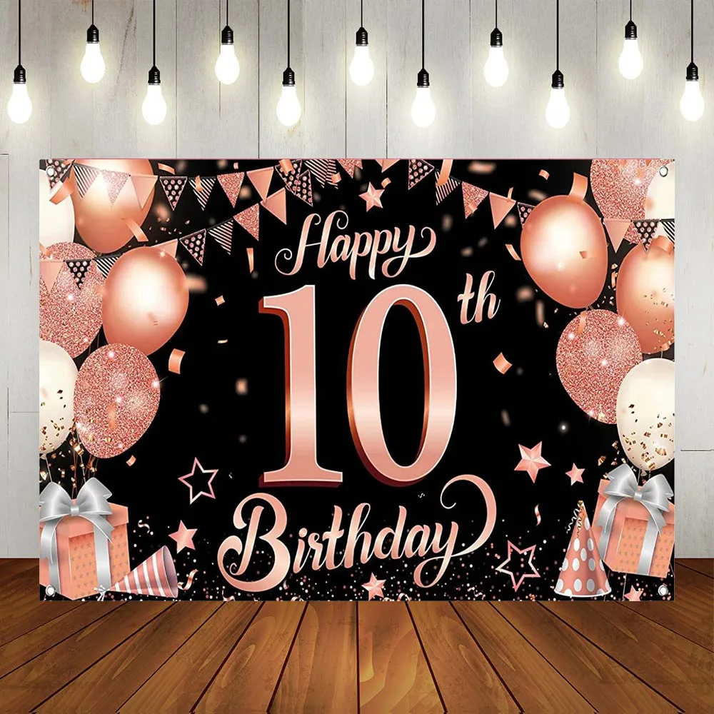 

Happy 10th Birthday Party Backdrop Kids Boys Girls Pink Gold Silver Balloons Photography Background Ten Year Old Anniversary