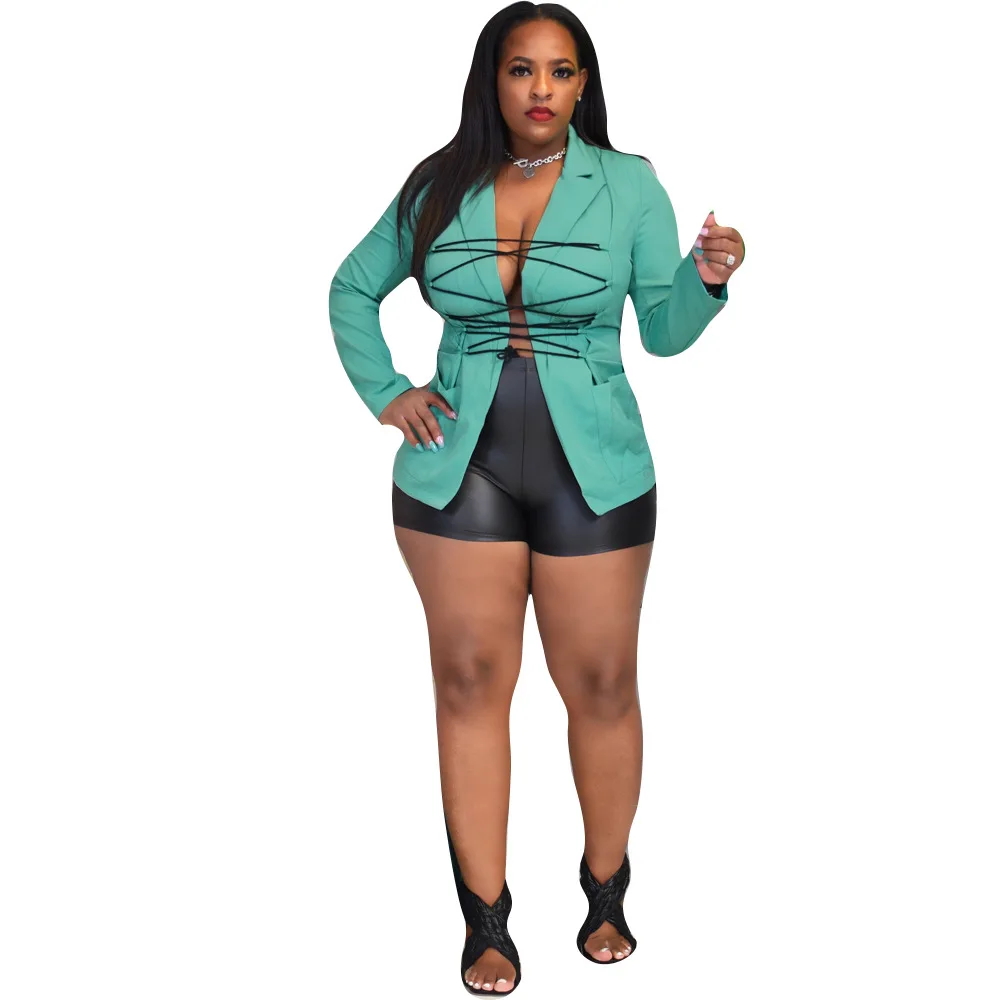Plus Size Women's Suit Bandage Casual Designer Jacket 2022 Autumn Fahion V Neck Trench Coat Fall Female Club Wholesale Clothes