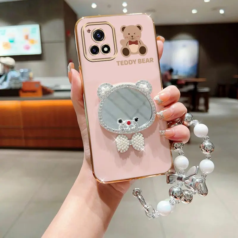 Bow Bear Mirror Pearl Strap Phone Case For Vivo Y02 Y3 Y5S Y9S Y10 Y11 Y15A Y16 Y17S Y21 Y22 Y27 Y30 Y33S Y35 Y36 4G Stand Cover