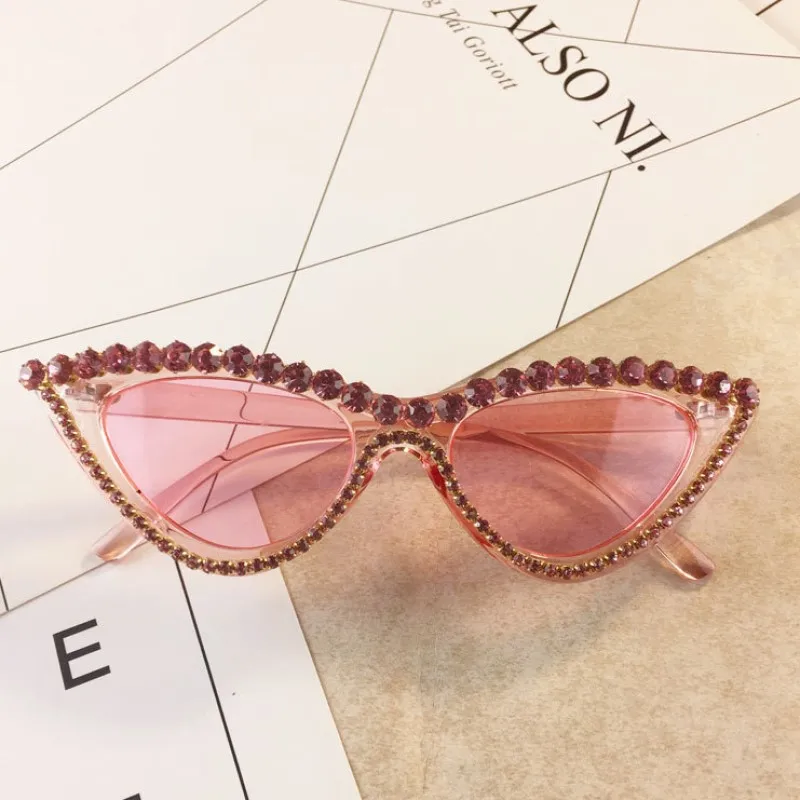 

Винтажные роскошные солнцезащитные очки «кошачий глаз» с кристаллами, женская брендовая дизайнерская черная розовая оправа, блестящие очки