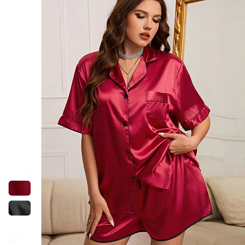 

XL-5XL Large Size Summer Solid Color Satin Short Sleeve Shirt Shorts Suit Women Pajamas Two-Piece Set Casual Pijamas Homewear
