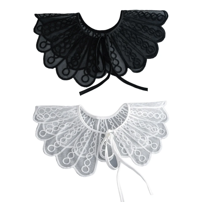 

Women Embroidery Twist Striped Mesh Shawl Detachable Collar See-Through Shrug Cover Up Summer Thin Lace-Up Scarf Capelet for
