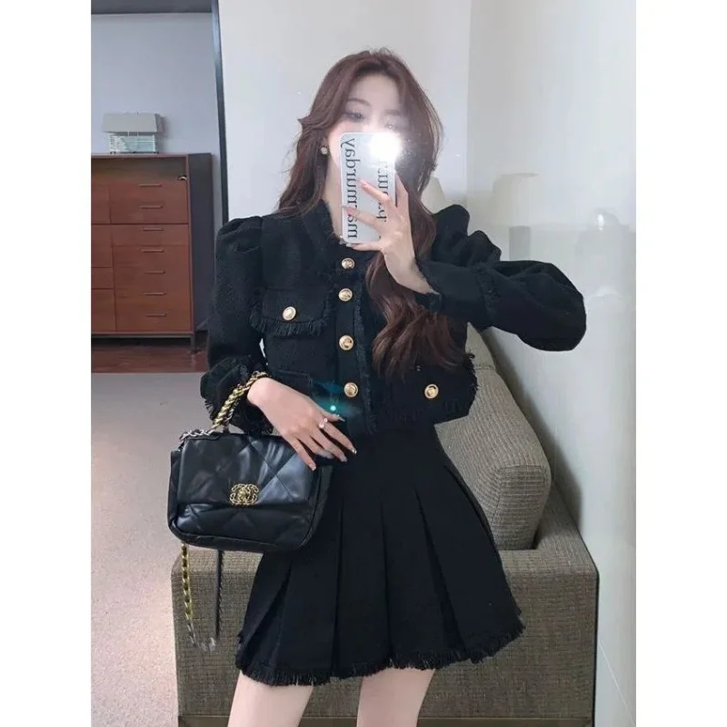 2022 Tweed Women Black Vintage Office Lady Single Breasted Blazer Female Casual Slim Short Blazer Coats Tweed Jacket Black Tops