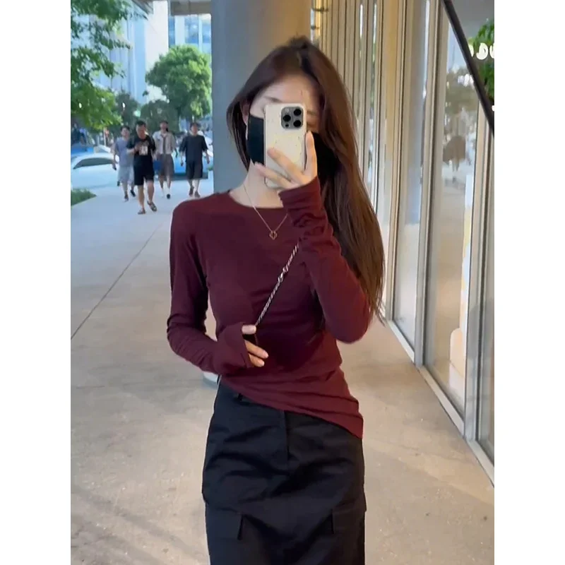 Корейская бордовая модальная футболка с длинными рукавами женская